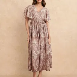 RAREISM RONRUF Women Light Brown Paisley Printed Flared Sleeve Midi Dress-picture-2