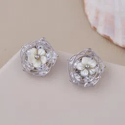 GC PREMIUM JEWELLERY Stainless Steel Silver-Plated Crystals Studded Floral Studs-18
