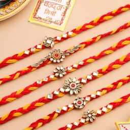 NVR Men Set Of 6 Kundan Studded Thread Rakhi with Roli Chawal Chandan & Mishri-image-9