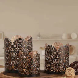 Homspurts Black 3 Pieces Textured Metal Candle Holders-picture-54