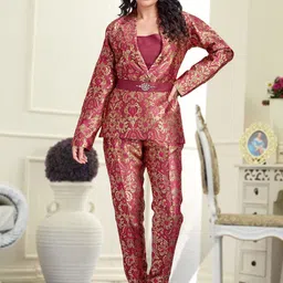 MOJILAA Woven Designed Notched Lapel Collar Blazer With Crop Top & Trousers Co-Ords Set-18