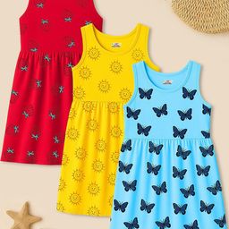 KUCHIPOO Set of 3 Girls Regular Fit Cotton Frocks Printed A-Line Dress-picture-29