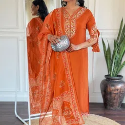 Siya Fashion Floral Yoke Design Thread Work V-Neck Straight Kurta With Trousers & Dupatta-38
