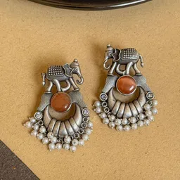 NAMAN ARTS Silver-Plated Artificial Stones Studded And Beaded Contemporary Drop Earrings-51