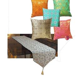 Pinkparrot 12x70 inch jacquard silk table runner and 5 pcs 16x16 inch cushion covers-image-60
