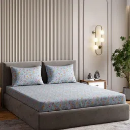 haus & kinder Blue & Yellow Floral 210 TC King Bedsheet with 2 Pillow Covers-image-8