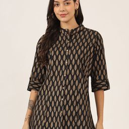BAESD Floral Print Mandarin Collar Roll-Up Sleeves Ethnic Cotton Top-image-66