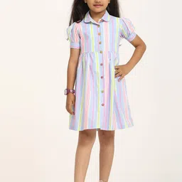 ZION Girls Striped Puff Sleeve Cotton Fit and Flare Knee Length Dress-47