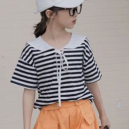 LULU & SKY Girls Striped V-Neck Drop-Shoulder Sleeves Monochrome Pockets T-shirt-image-19