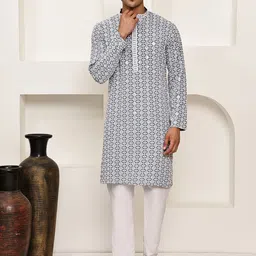 Anouk Geometric Embroidered Mandarin Collar Chikankari Straight Kurta With Pyjama-47