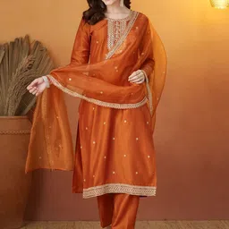 Colors of Earth Ethnic Motifs Embroidered Sequined Straight Kurta With Trousers & Dupatta-picture-17