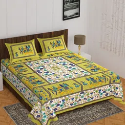 UNIBLISS Green & White Ethnic Motifs Cotton 144 TC Double Queen Bedsheet Set-2.15mx2.35m-image-81