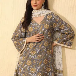Sangria Women Floral Printed Regular Pure Cotton Kurta with Trousers & With Dupatta-picture-0