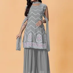 PARROT CREATION Floral Embroidered Sequinned Georgette A-Line Kurti With Sharara & Dupatta-image-8