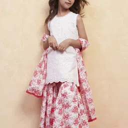 Biba Girls Floral Embroidered Regular Pure Cotton Kurta with Sharara & With Dupatta-image-54