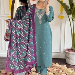 SUPPAR SLEAVE Women Embroidered Regular Thread Work Chanderi Silk Kurta Set & Dupatta-47