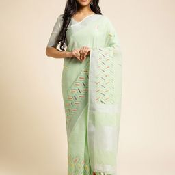 DIVASTRI Mirror Work Woven Zari Linen Saree With Unstitched Blouse Piece-image-4