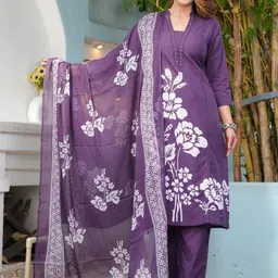 KALINI Floral Printed Mandarin Collar Thread Work Pure Cotton Kurta With Trouser & Dupatta-picture-39
