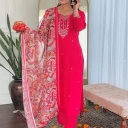 KALINI Women Floral Embroidered Regular Thread Work Kurta with Trousers & With Dupatta-picture-15