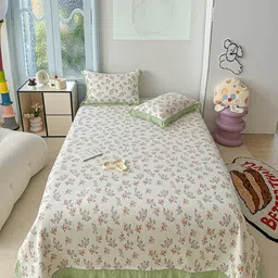 JC HOME Beige & Green Floral Printed 162 TC Double Queen Bed Cover & 2 Pillow Covers-picture-29