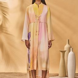 Masaba Abstract Printed Bell Sleeve Linen A-Line Glazing Symphony Maxi Dress-image-78