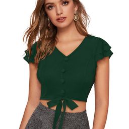 SHOPONBIT Women Solid Waist Tie-Ups V-Neck Crop Fitted Top-image-56