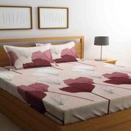 klotthe Beige Floral 300 TC Cotton Blend King Sized Bed Sheets with 2 Pillow Covers-picture-9