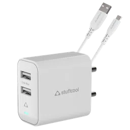 Stuffcool Flow Type A 2-Port Fast Charger (Type A to Micro USB Cable, Auto Detect Smart IC, White)-1