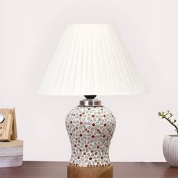 Devansh Off White & Red Printed Wooden Frustum Shaped Table Lamp With Mosaic Glass Base image 2