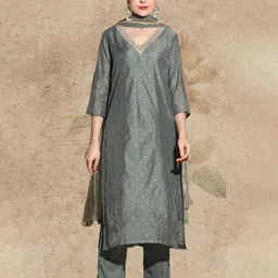 AVANSHEE Woven Design V-Neck Chanderi Cotton Kurta With Trouser And Dupatta-50