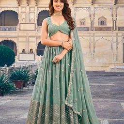 Fashionuma Embroidered Mirror Work Semi-Stitched Lehenga & Unstitched Blouse With Dupatta-33