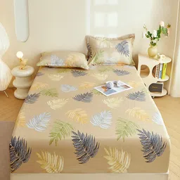 JC HOME Brown & Green King Bedsheet with 2 Pillow Covers-image-47