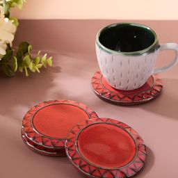 Fabindia Red 4 Pieces Ceramic Textured Round Coasters-57