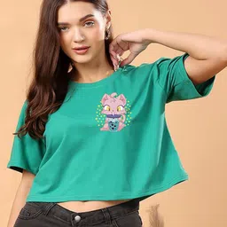 CORSICA Graphic Printed Cotton Oversized Crop T-shirt-image-68