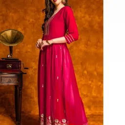 Embroidered Lace Work Naira Cut Kurti- Pink-picture-2