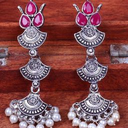 OPUS GEMS Artificial Stones Studded And Beaded Crescent Shaped Oxidised Drop Earrings-image-98