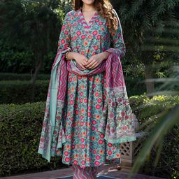 KALINI Women Floral Printed Regular Pure Cotton Kurta with Trousers & With Dupatta-34