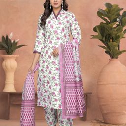 Anouk White Floral Printed V-Neck Straight Kurta With Trouser & Dupatta-picture-6