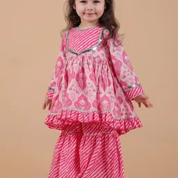 BAESD Girls Floral Printed Pleated Round Neck Pure Cotton Anarkali Kurta With Sharara-picture-49