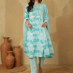Sangria Sky Blue Floral Printed Mirror Work Pure Cotton Kurta With Trouser And Dupatta-image-29