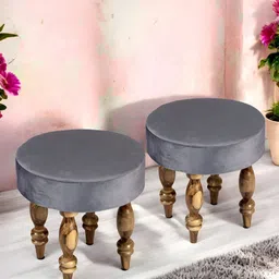 Ikiriya 2-Pcs Grey Round Wooden Stools with Velvet Upholstery-16