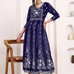 KALINI Women Ethnic Motifs Printed Thread Work Georgette Kurta-image-35
