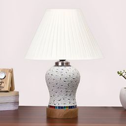 Devansh Off White Textured Wooden Frustum Shaped Table Lamp With Mosaic Glass Base image 2