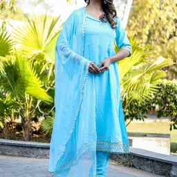 HEBA V-Neck Panelled Gotta Patti Anarkali Kurta With Trousers & Dupatta-image-9