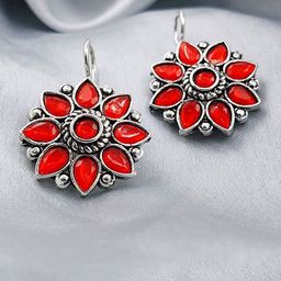 Saizen Silver-Plated Artificial Stoned Studded Oxidised Floral Shaped Drop Earrings-image-77