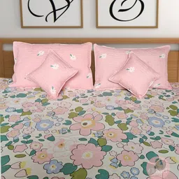 CG HOMES Pink & Green Floral 180 TC Queen Bedsheet with 2 Pillow Covers-image-41