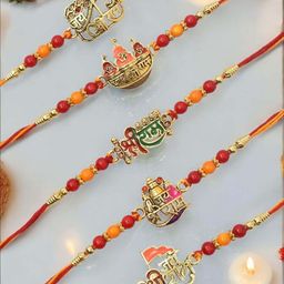 MEIRA JEWELLERY Set Of 5 Religious Rakhis With Greeting Card & Roli Chawal-image-44