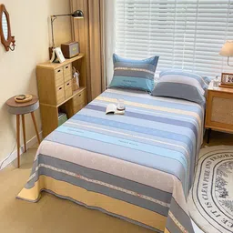 JC HOME Blue & Pink Striped 220 TC Queen Size Bedsheet Set-image-78