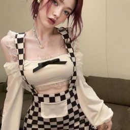 KPOP Checked Shoulder Straps Long Sleeves Top With Skirt Co-Ords-picture-19