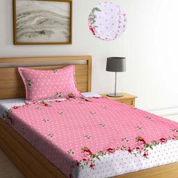 Aura Pink & White Floral 350 TC Single Bedsheet with 1 Pillow Covers-image-72